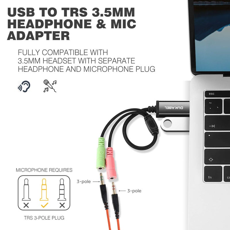 DuKabel USB to 3.5mm Jack TRS AUX Adapter for Built-in USB Sound Card with Separate Plug TRS 3 Pole Microphones [Metal Housing & Durable Braided / 9.8inch] - Image 5